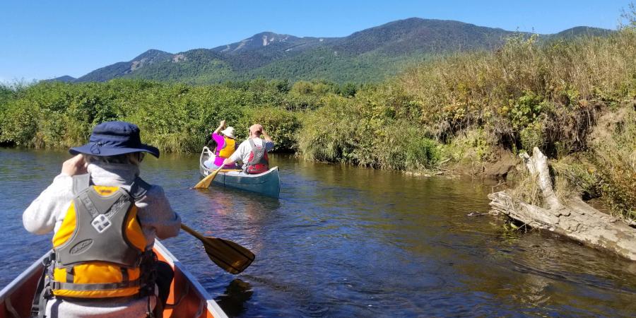 People paddling in canoes with mountains in the background