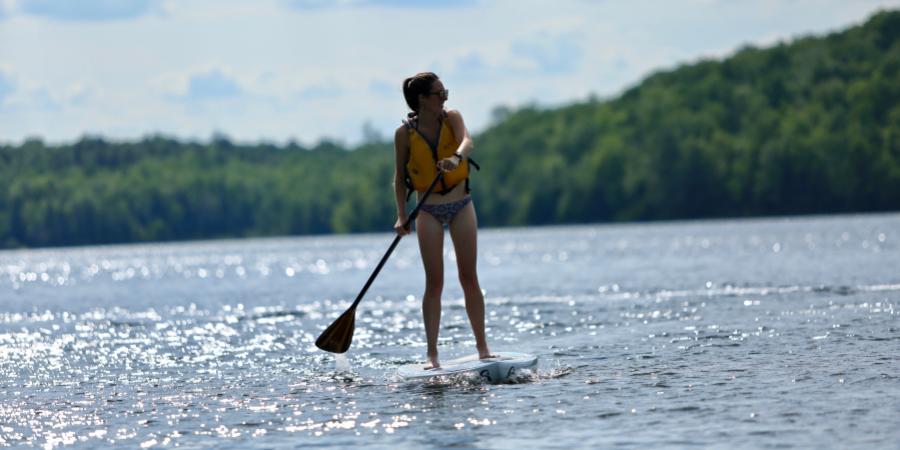 Women stand up paddleboarding on small lake