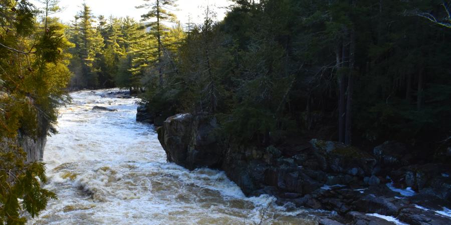 Whitewater flowing through a narrow gorge